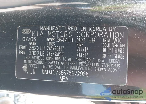 2007 Kia Sorento Lx from USA, damaged, VIN KNDJC736675672968